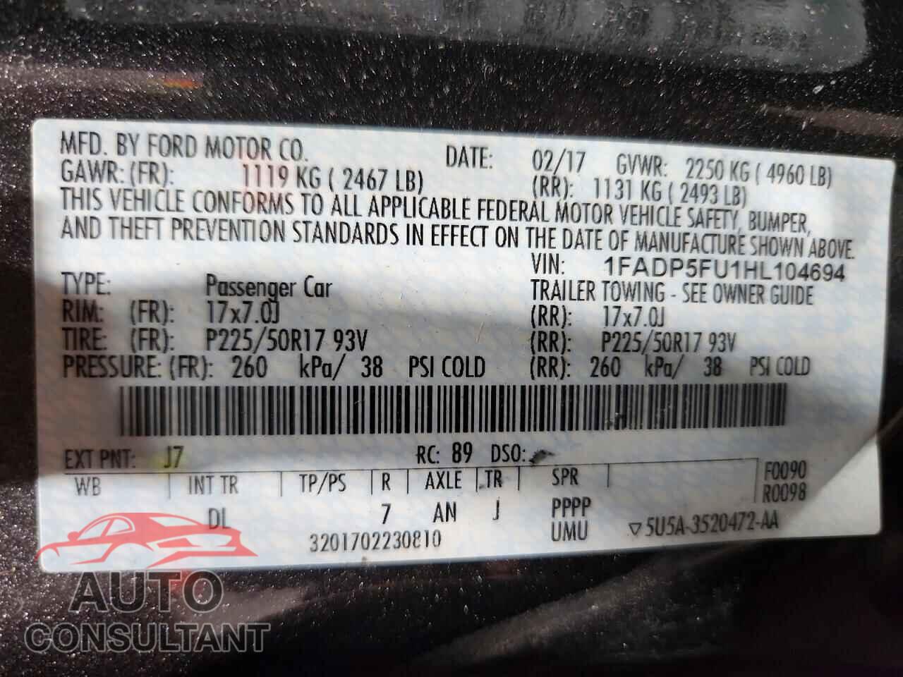 FORD CMAX 2017 - 1FADP5FU1HL104694