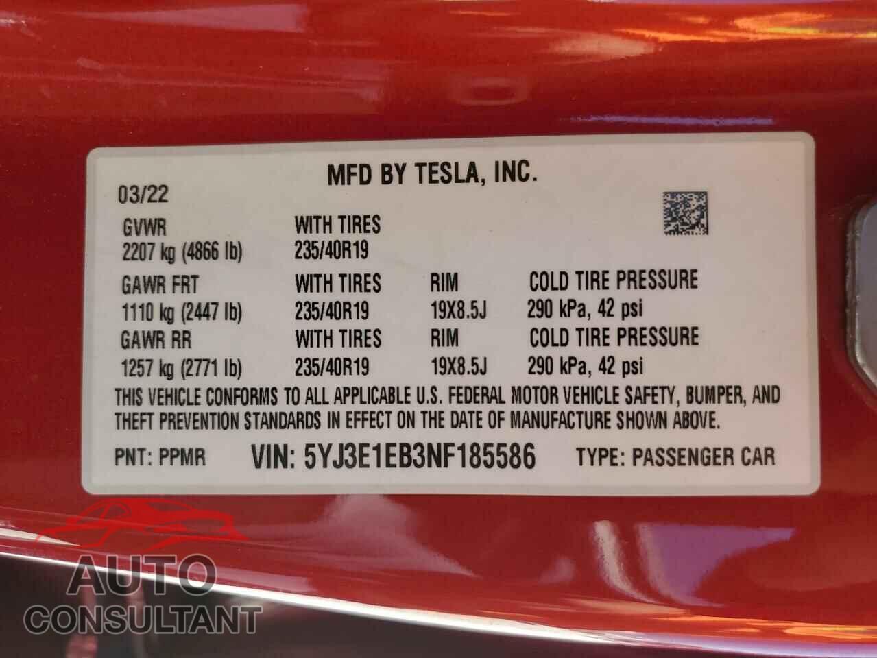 TESLA MODEL 3 2022 - 5YJ3E1EB3NF185586
