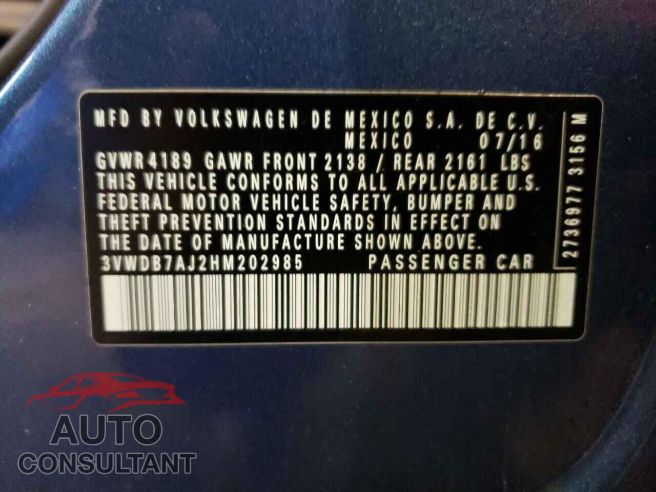 VOLKSWAGEN JETTA 2017 - 3VWDB7AJ2HM202985