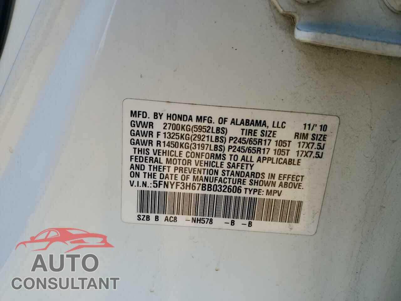 HONDA PILOT 2011 - 5FNYF3H67BB032606