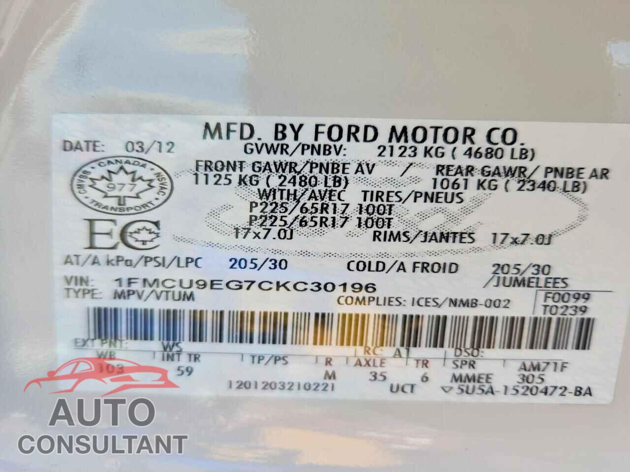 FORD ESCAPE 2012 - 1FMCU9EG7CKC30196