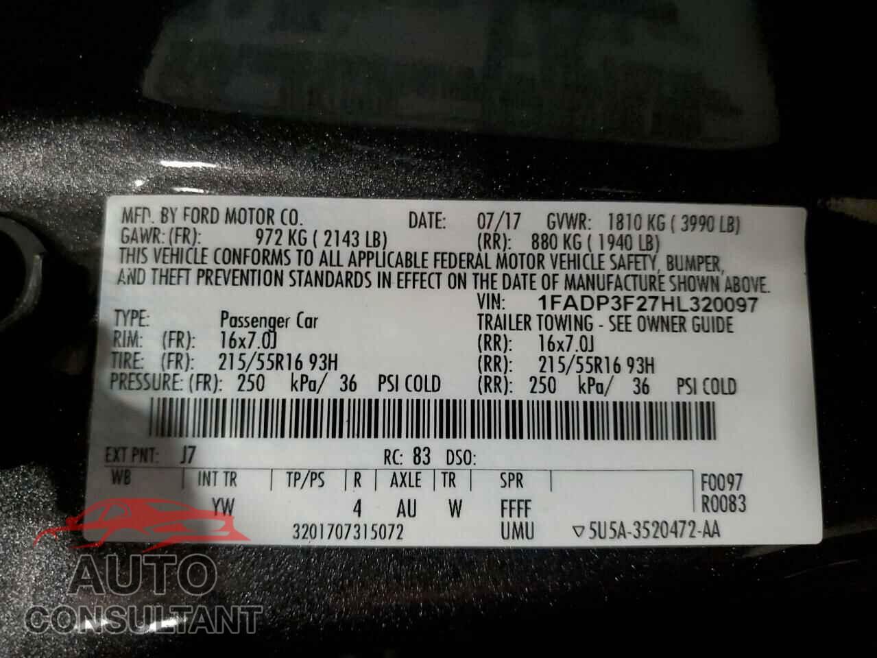 FORD FOCUS 2017 - 1FADP3F27HL320097