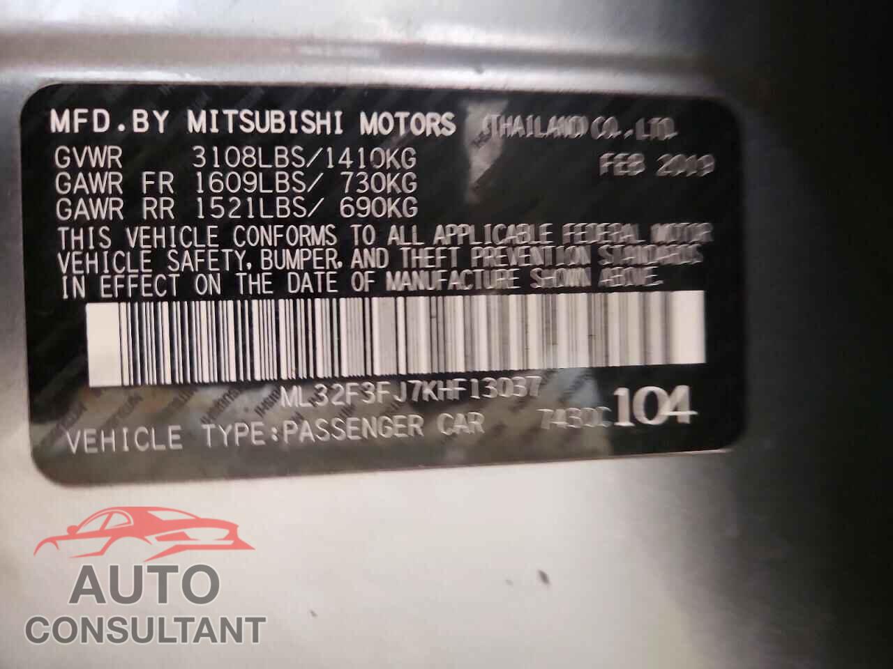 MITSUBISHI MIRAGE 2019 - ML32F3FJ7KHF13037
