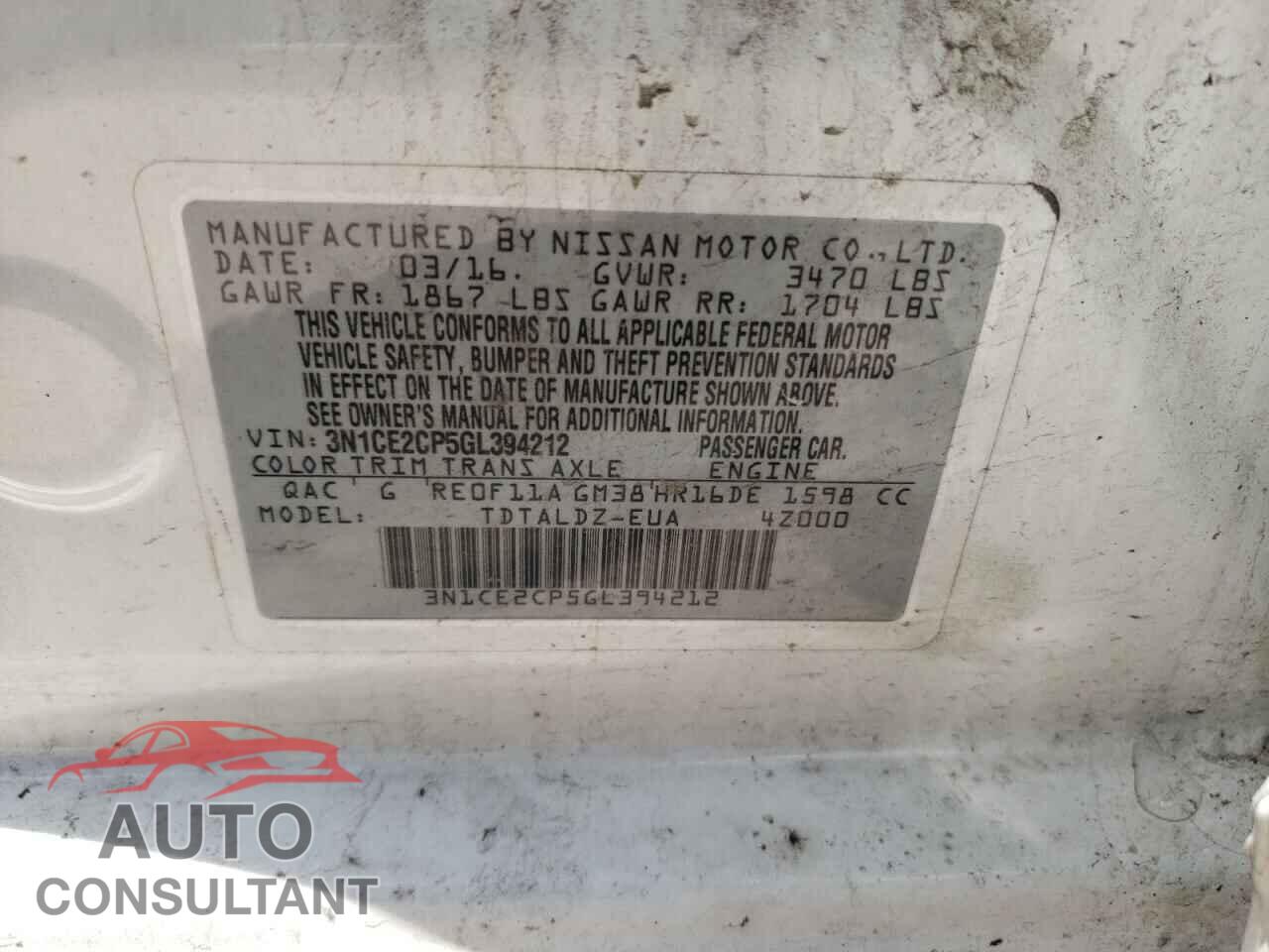 NISSAN VERSA 2016 - 3N1CE2CP5GL394212