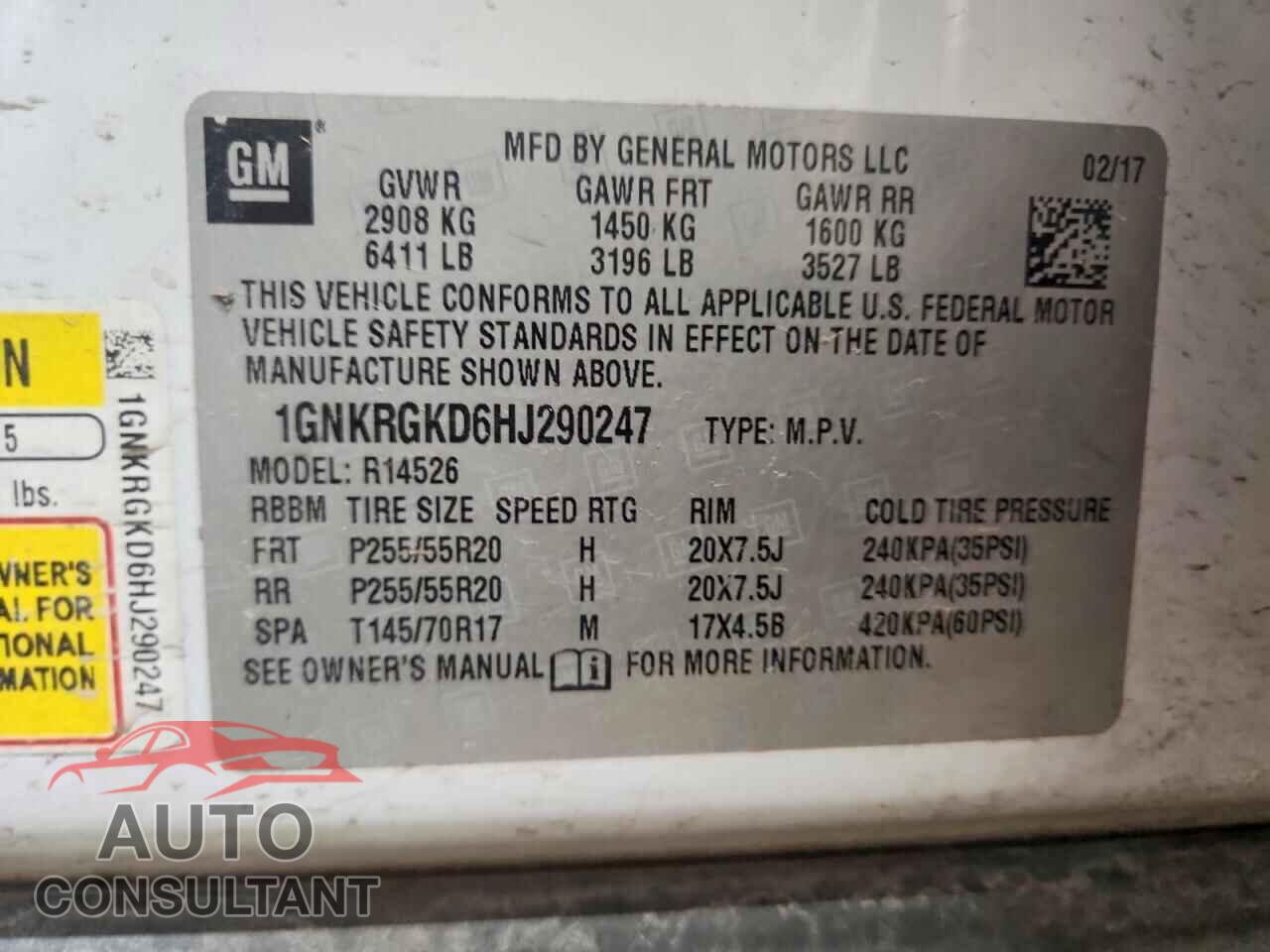 CHEVROLET TRAVERSE 2017 - 1GNKRGKD6HJ290247