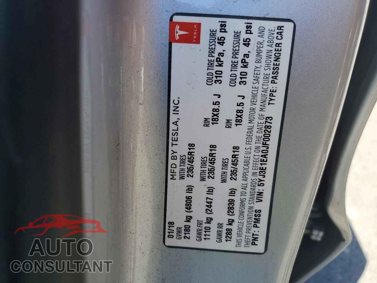 TESLA MODEL 3 2018 - 5YJ3E1EA0JF002873