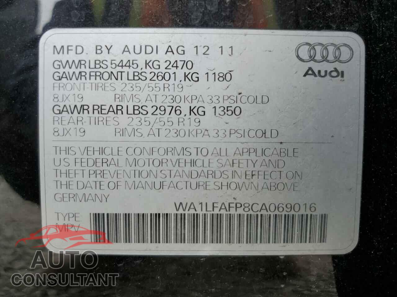 AUDI Q5 2012 - WA1LFAFP8CA069016