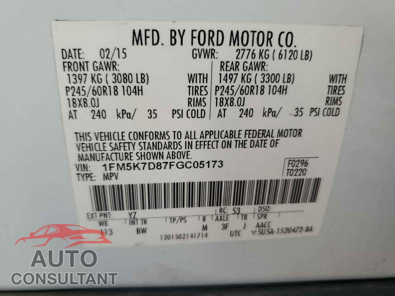 FORD EXPLORER 2015 - 1FM5K7D87FGC05173