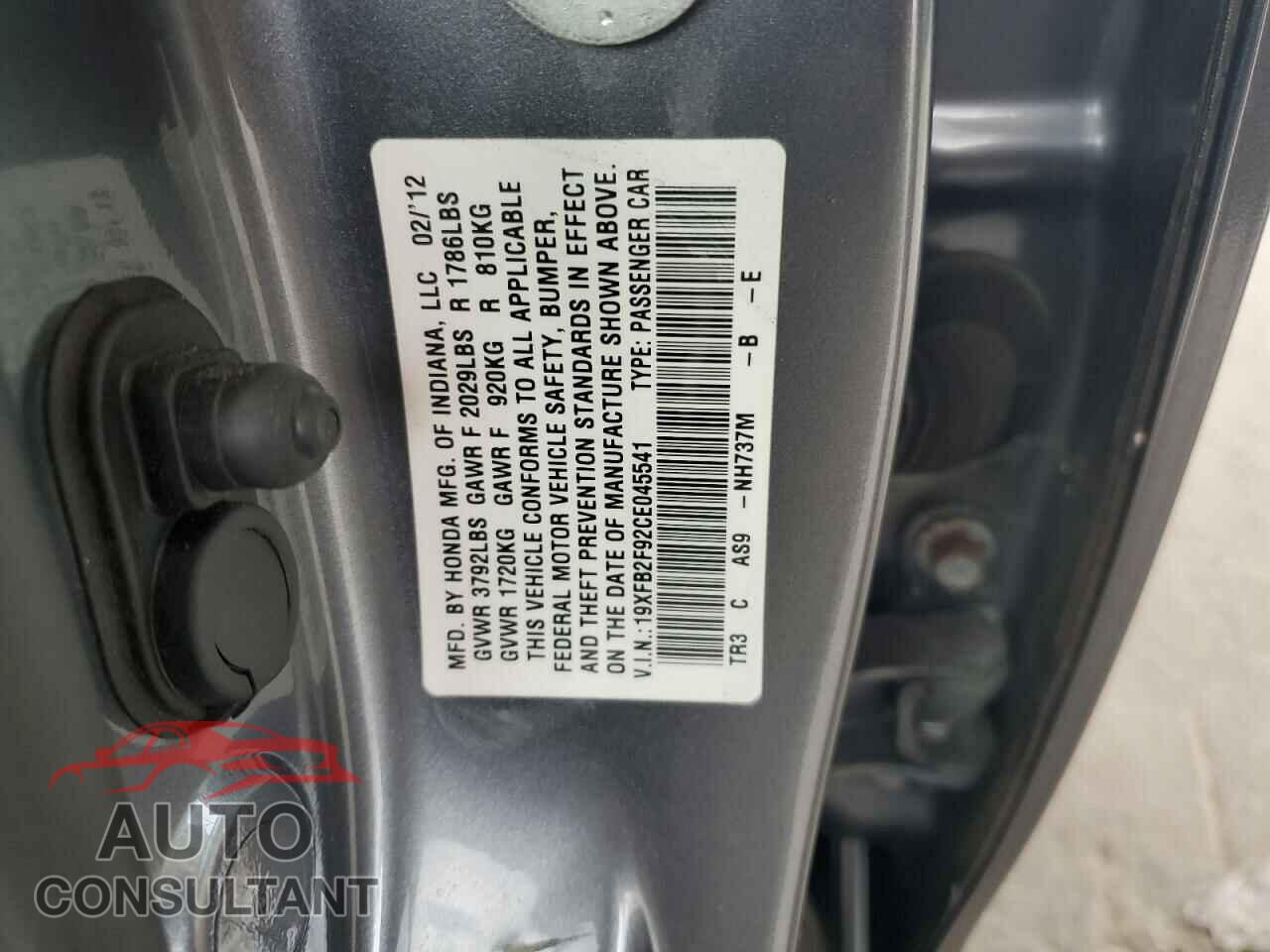 HONDA CIVIC 2012 - 19XFB2F92CE045541
