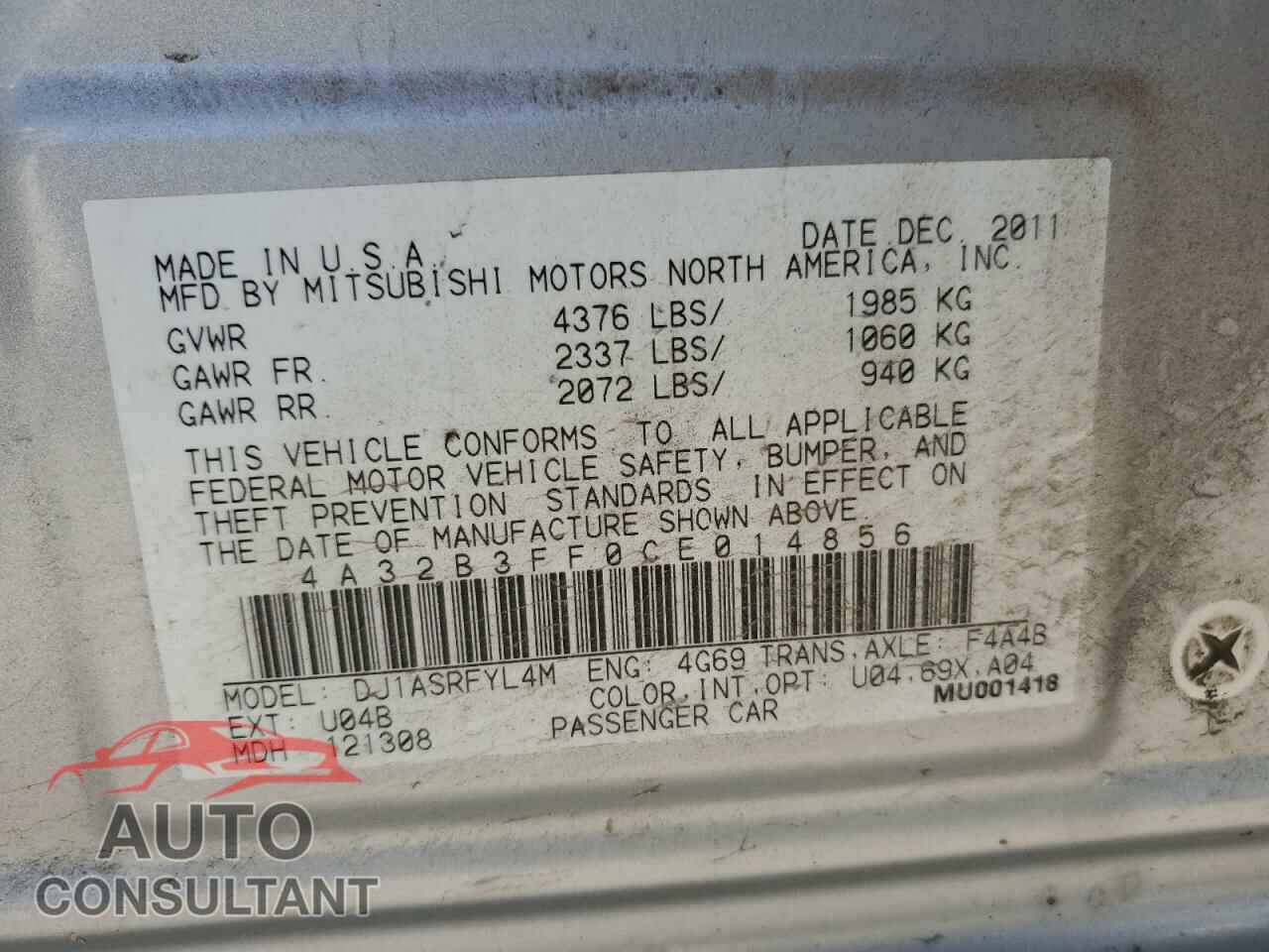 MITSUBISHI GALANT 2012 - 4A32B3FF0CE014856