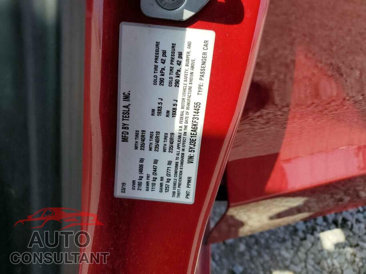 TESLA MODEL 3 2019 - 5YJ3E1EA6KF314455