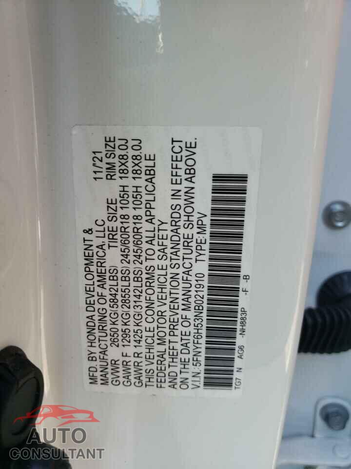 HONDA PILOT 2022 - 5FNYF6H53NB021910