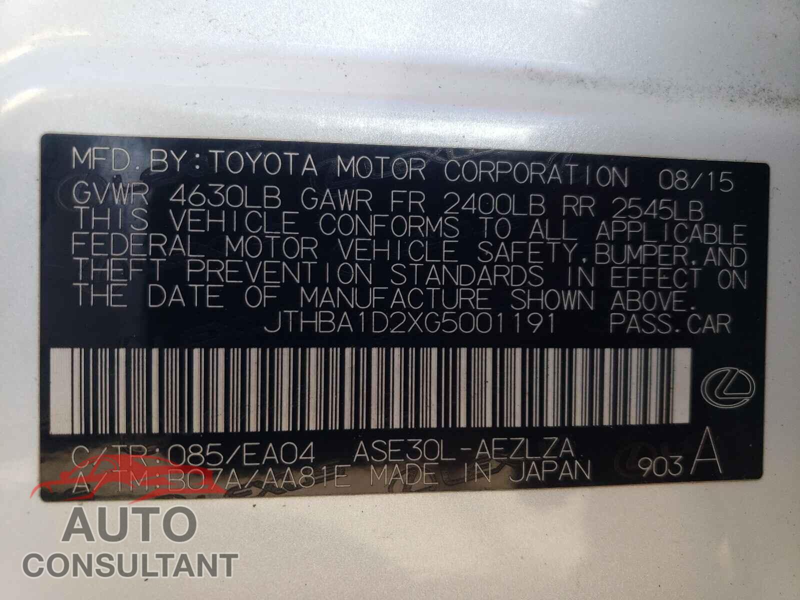 LEXUS IS 2016 - JTHBA1D2XG5001191