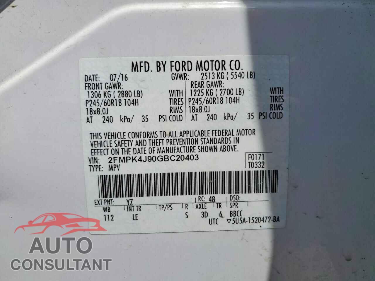 FORD EDGE 2016 - 2FMPK4J90GBC20403