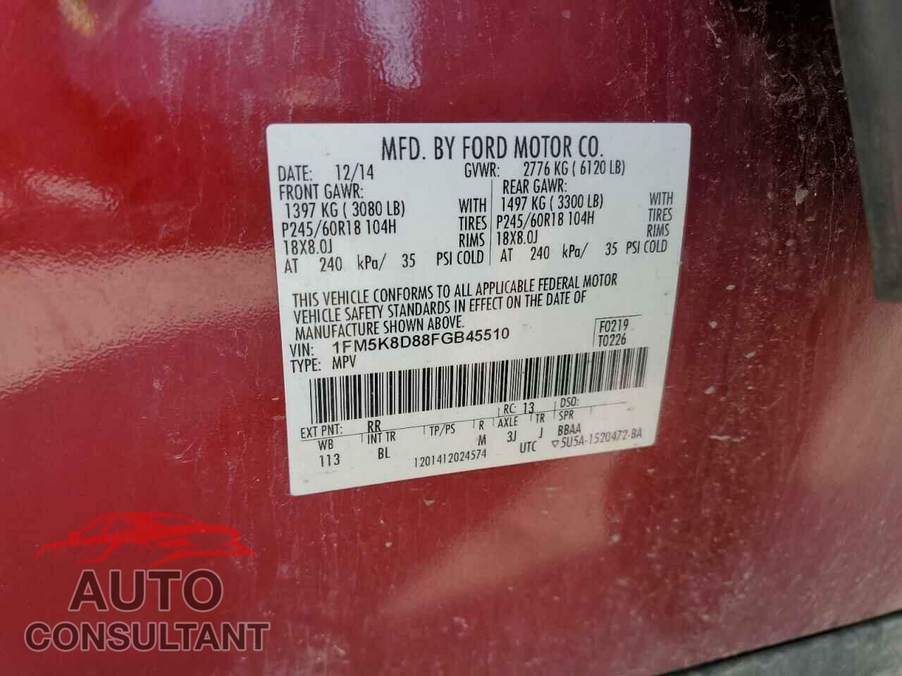 FORD EXPLORER 2015 - 1FM5K8D88FGB45510