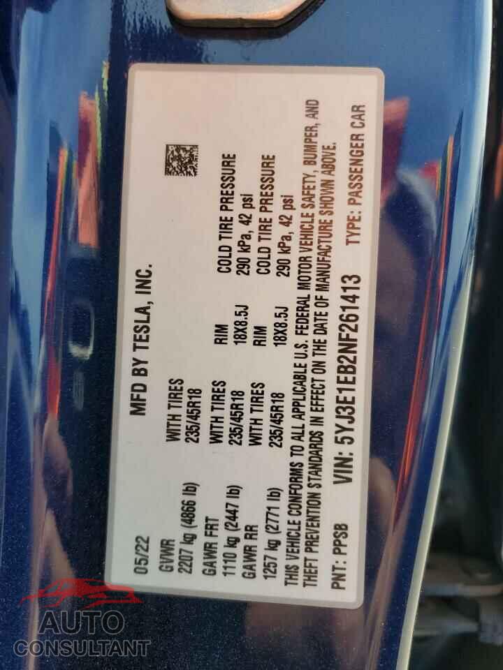 TESLA MODEL 3 2022 - 5YJ3E1EB2NF261413