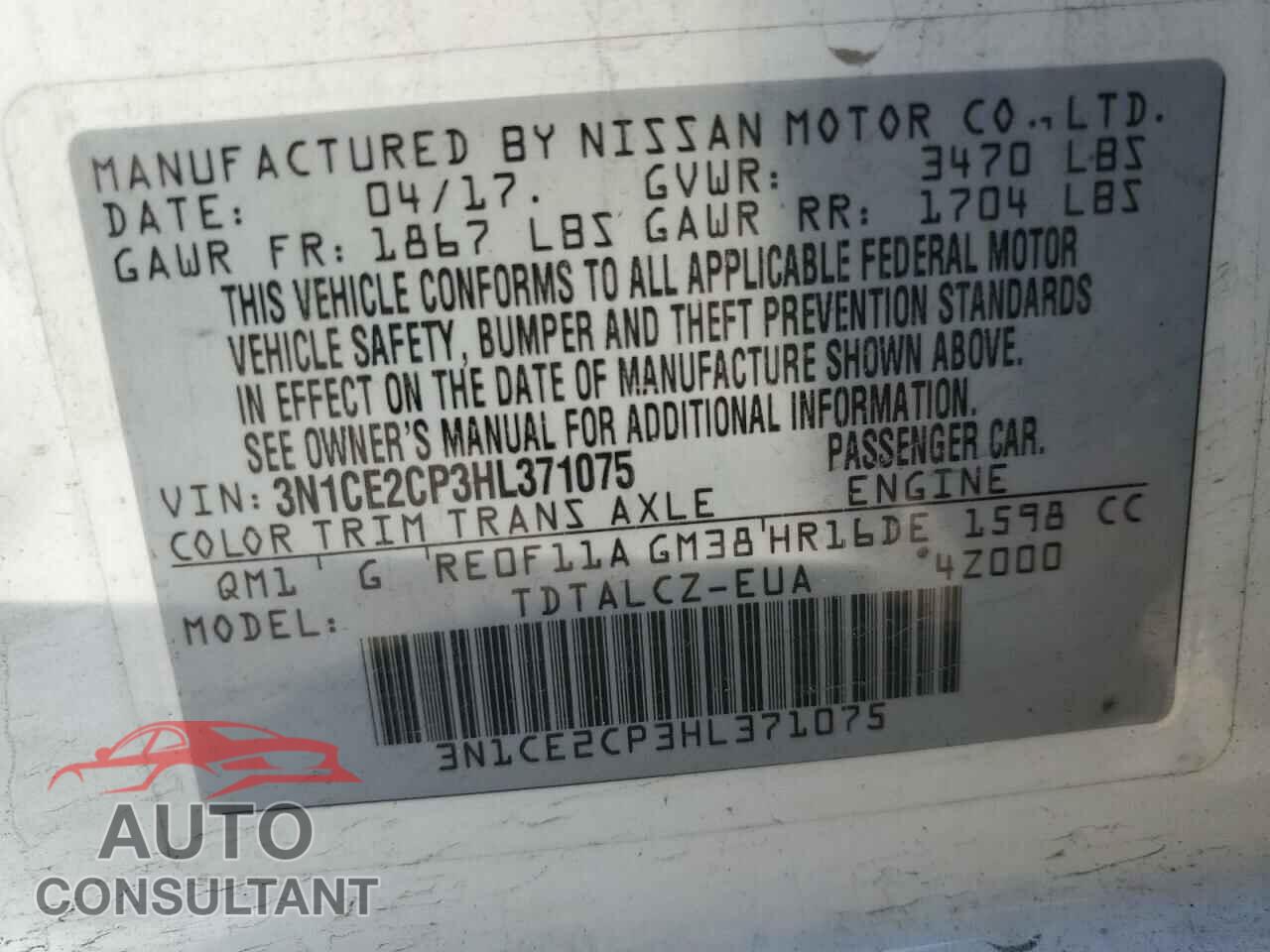NISSAN VERSA 2017 - 3N1CE2CP3HL371075