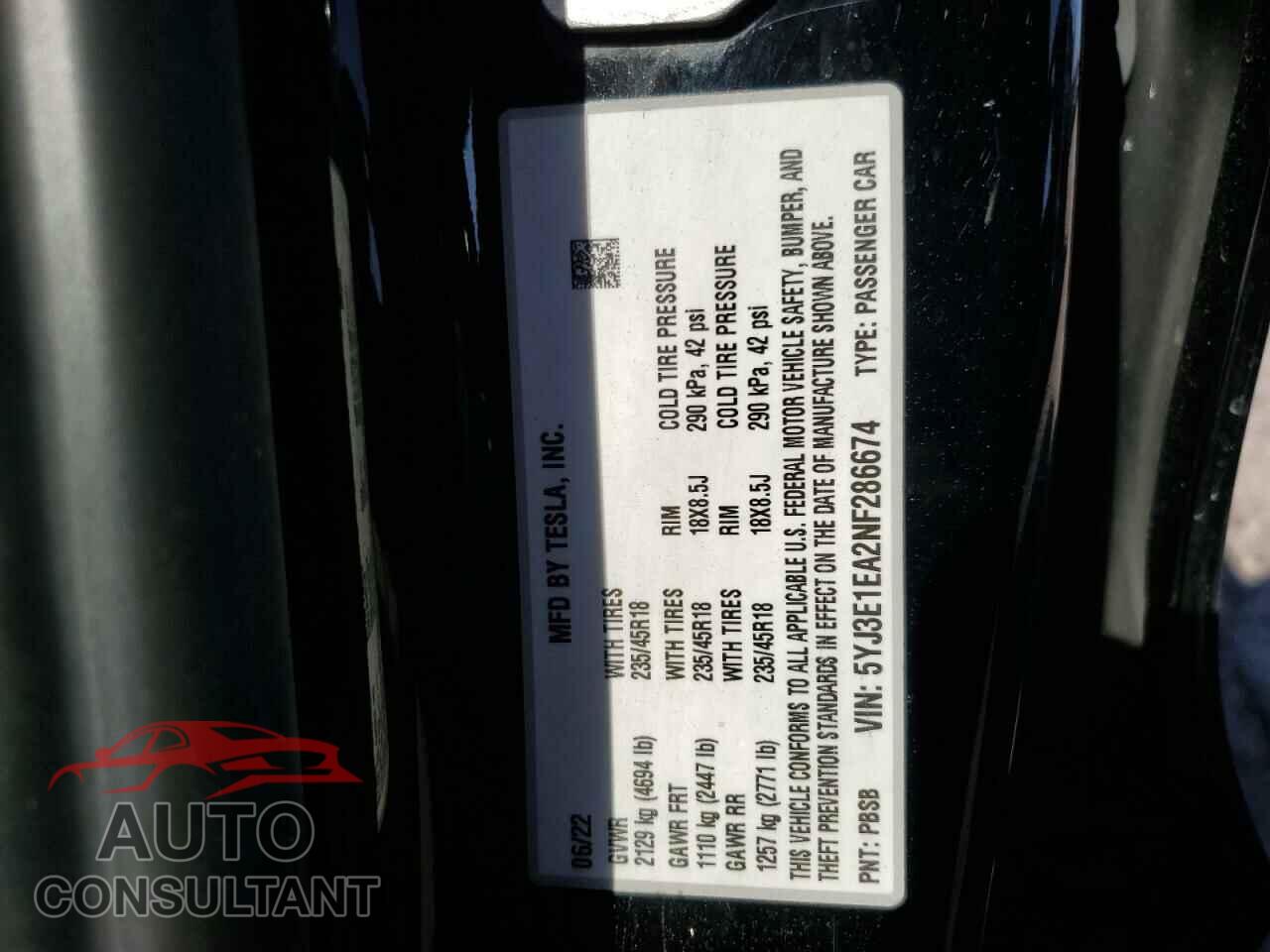 TESLA MODEL 3 2022 - 5YJ3E1EA2NF286674
