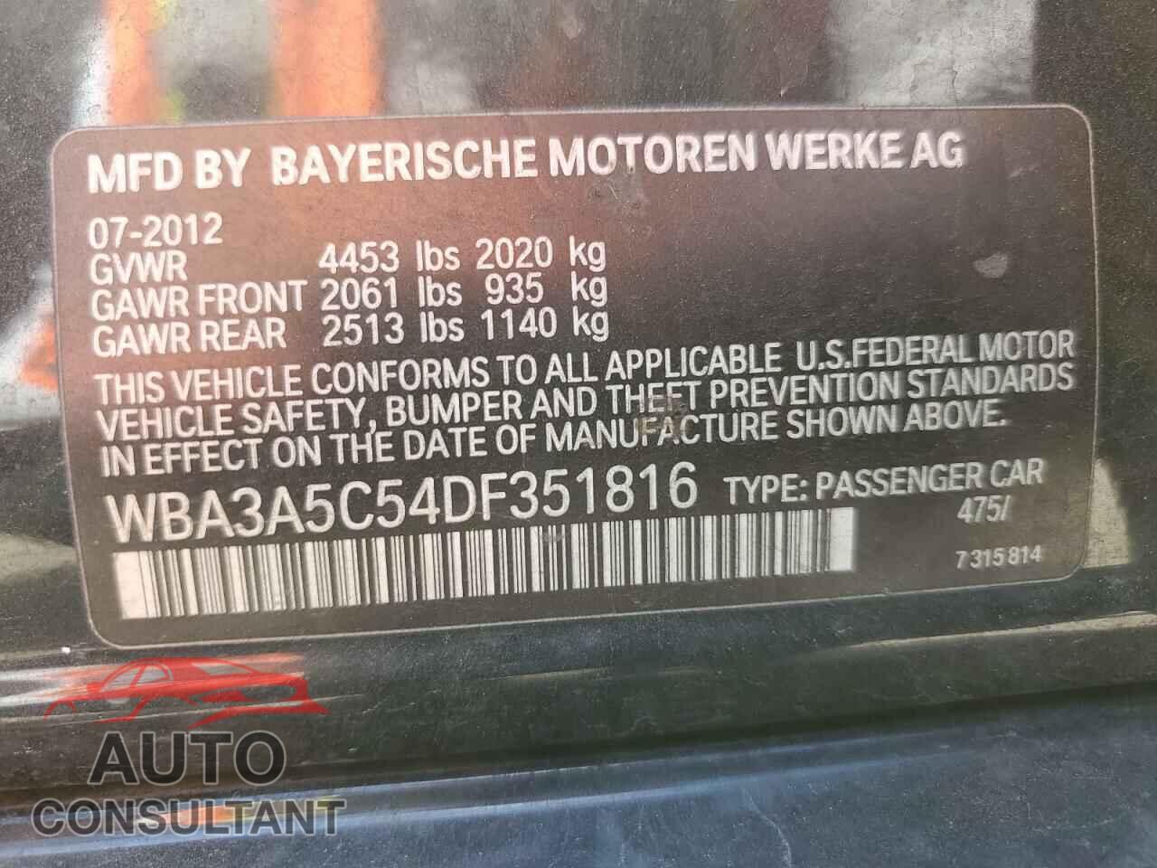 BMW 3 SERIES 2013 - WBA3A5C54DF351816