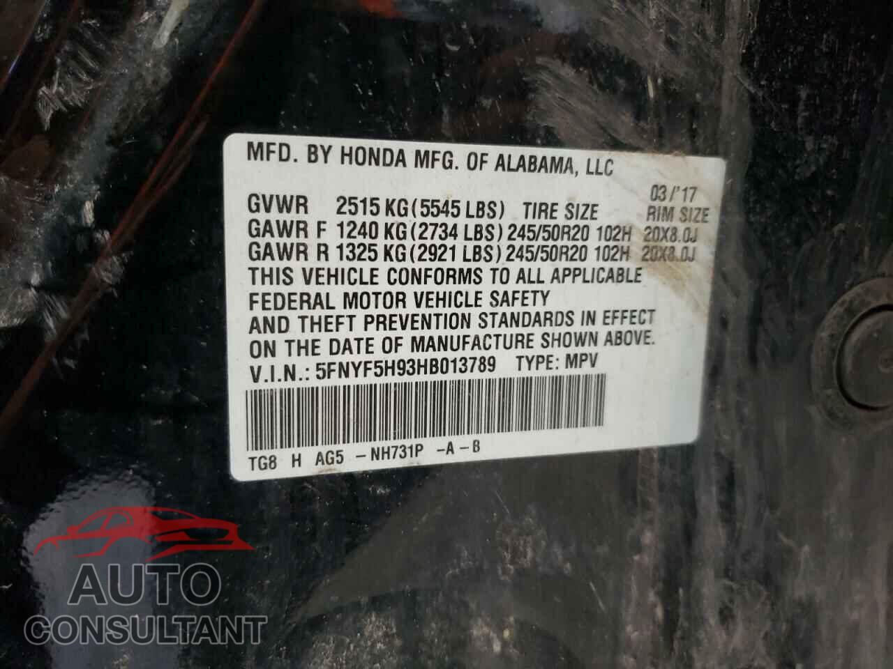 HONDA PILOT 2017 - 5FNYF5H93HB013789