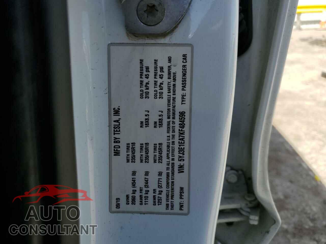 TESLA MODEL 3 2019 - 5YJ3E1EA7KF484596