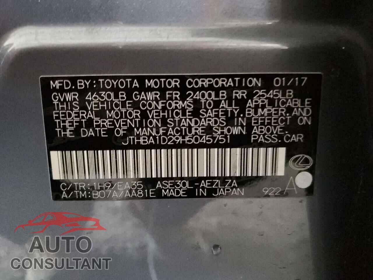LEXUS IS 2017 - JTHBA1D29H5045751