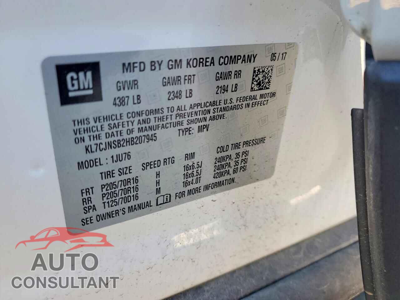 CHEVROLET TRAX 2017 - KL7CJNSB2HB207945