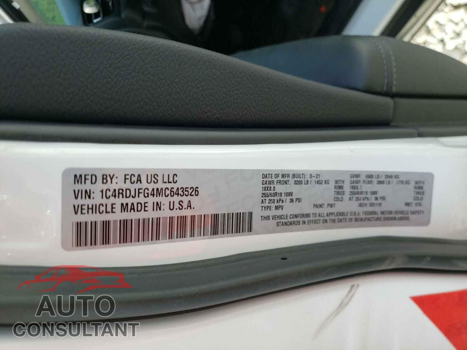 DODGE DURANGO 2021 - 1C4RDJFG4MC643526