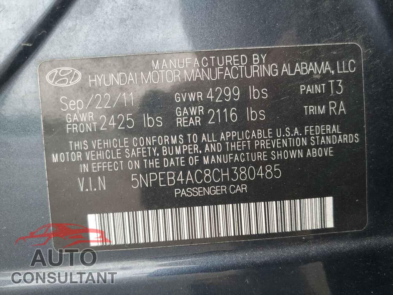 HYUNDAI SONATA 2012 - 5NPEB4AC8CH380485