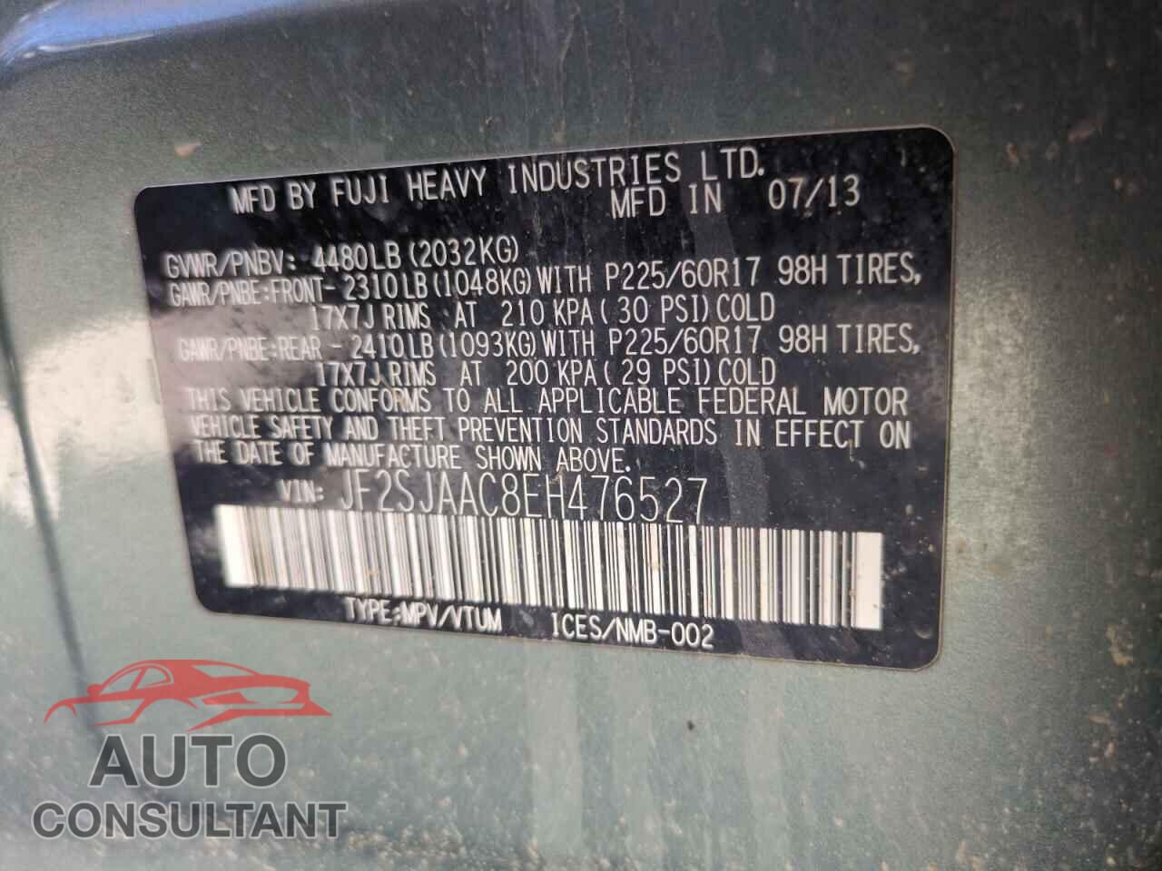 SUBARU FORESTER 2014 - JF2SJAAC8EH476527