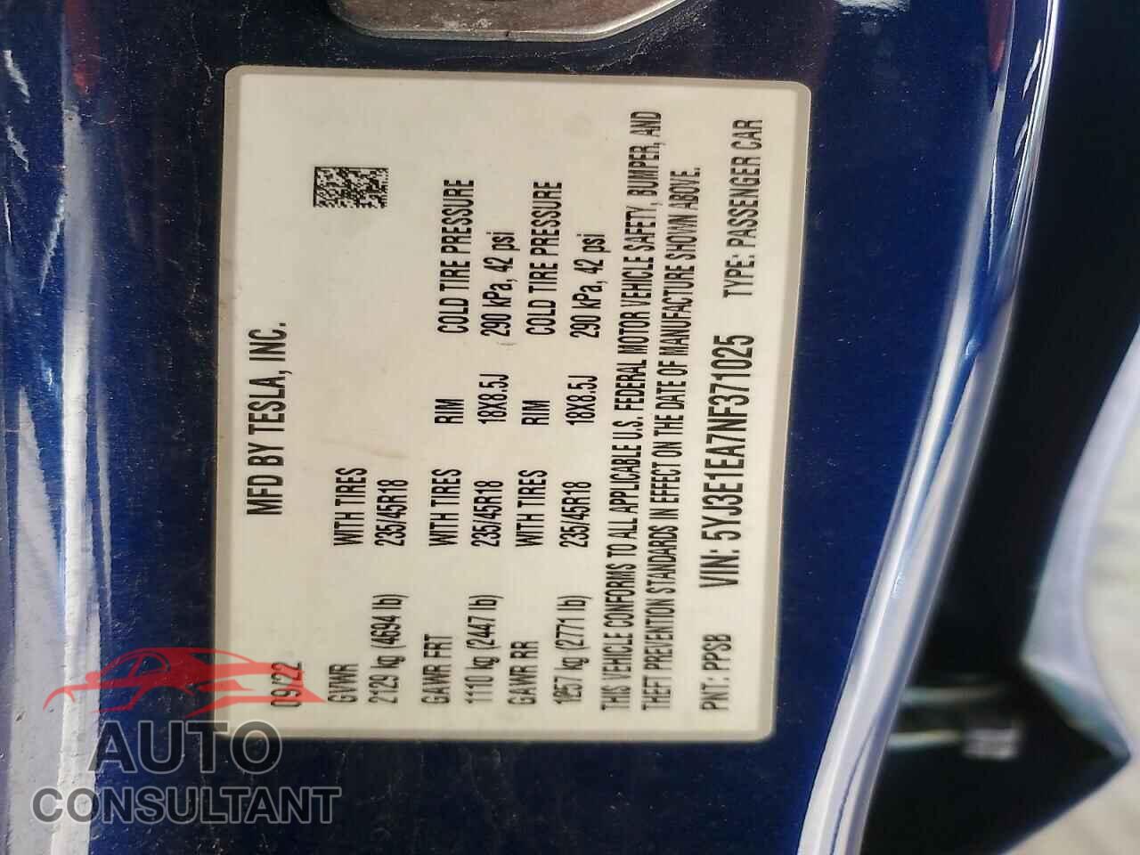 TESLA MODEL 3 2022 - 5YJ3E1EA7NF371025