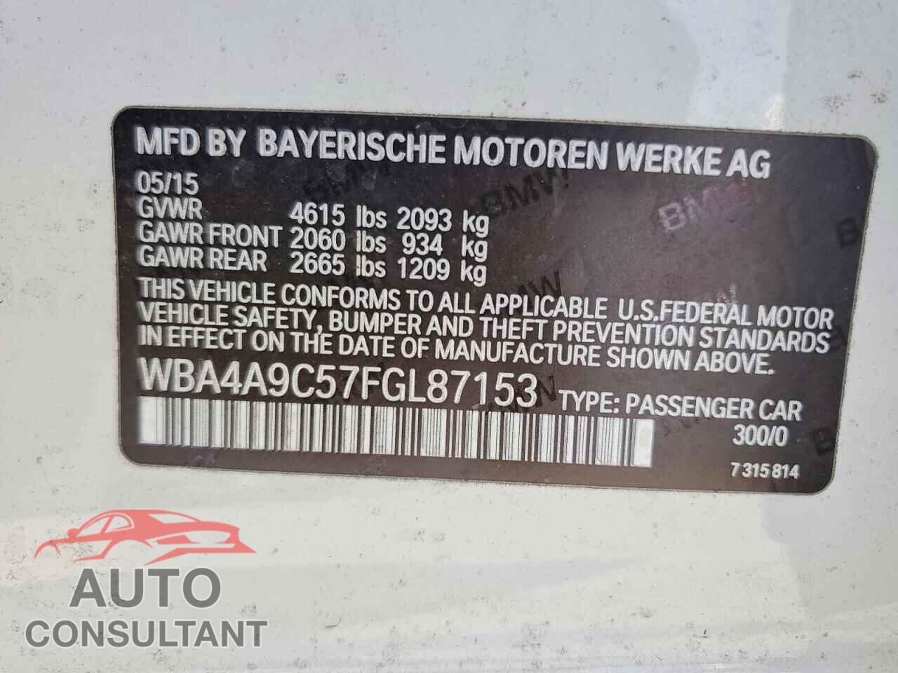 BMW 4 SERIES 2015 - WBA4A9C57FGL87153