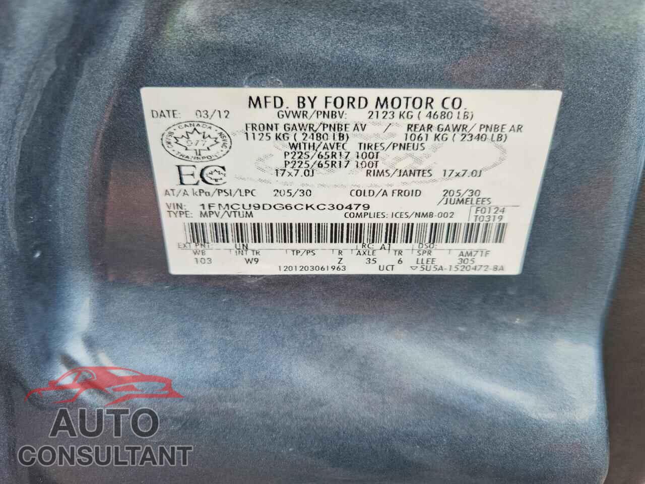 FORD ESCAPE 2012 - 1FMCU9DG6CKC30479