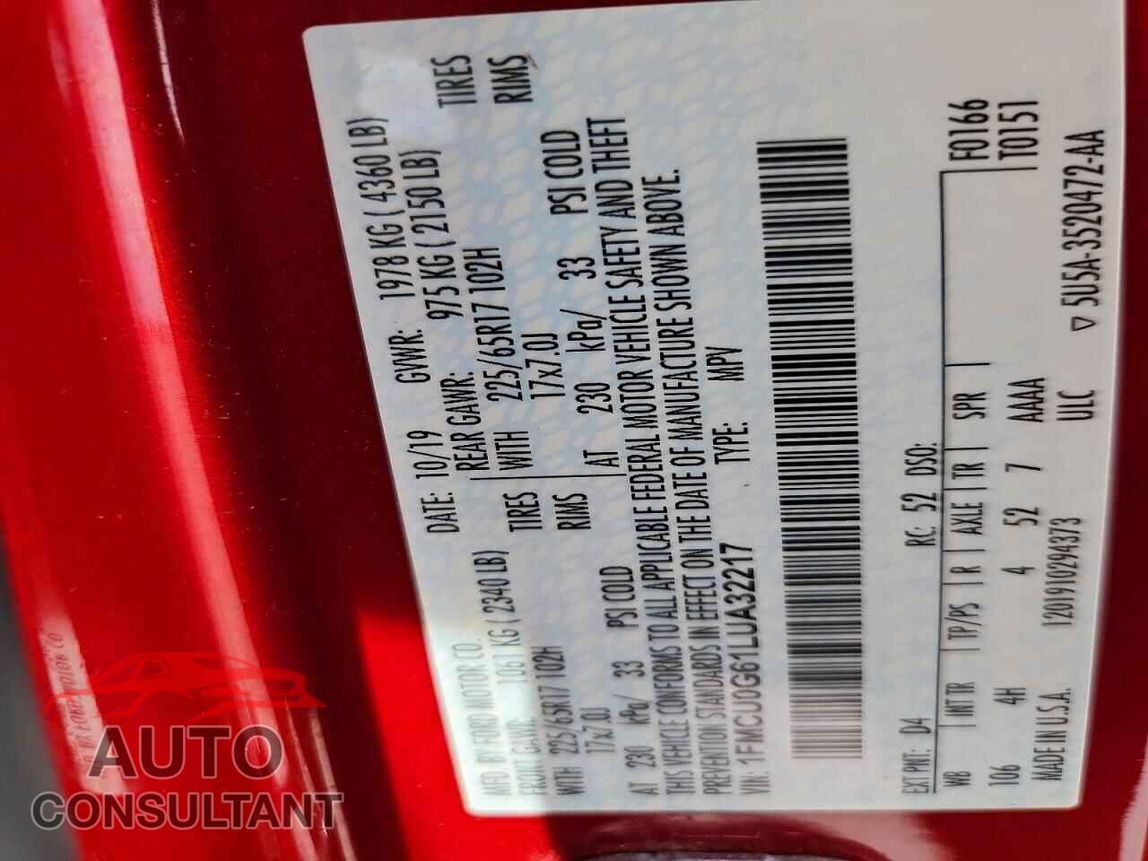 FORD ESCAPE 2020 - 1FMCU0G61LUA32217