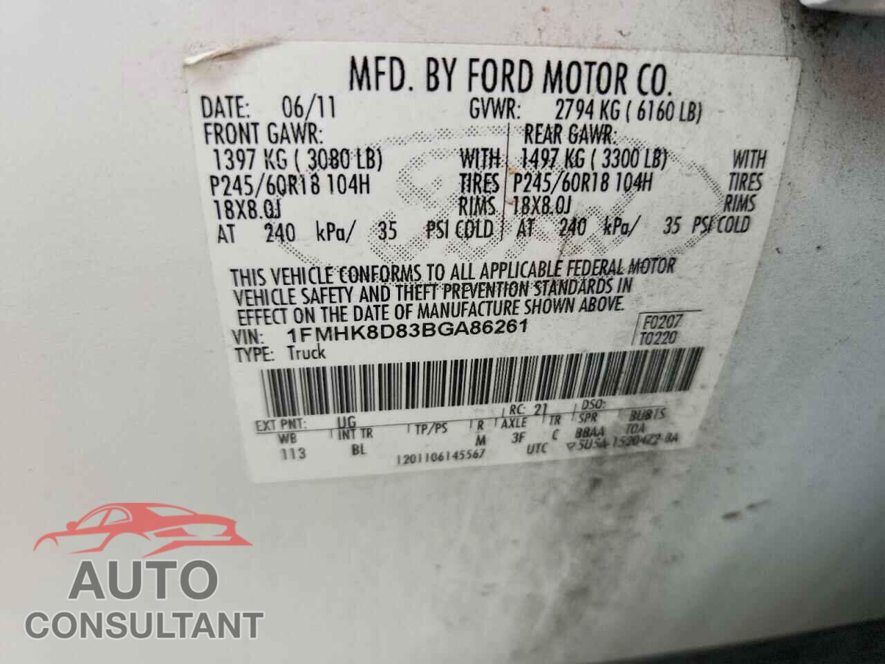 FORD EXPLORER 2011 - 1FMHK8D83BGA86261