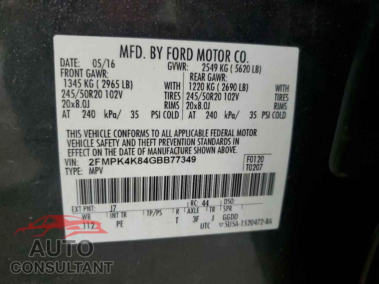FORD EDGE 2016 - 2FMPK4K84GBB77349