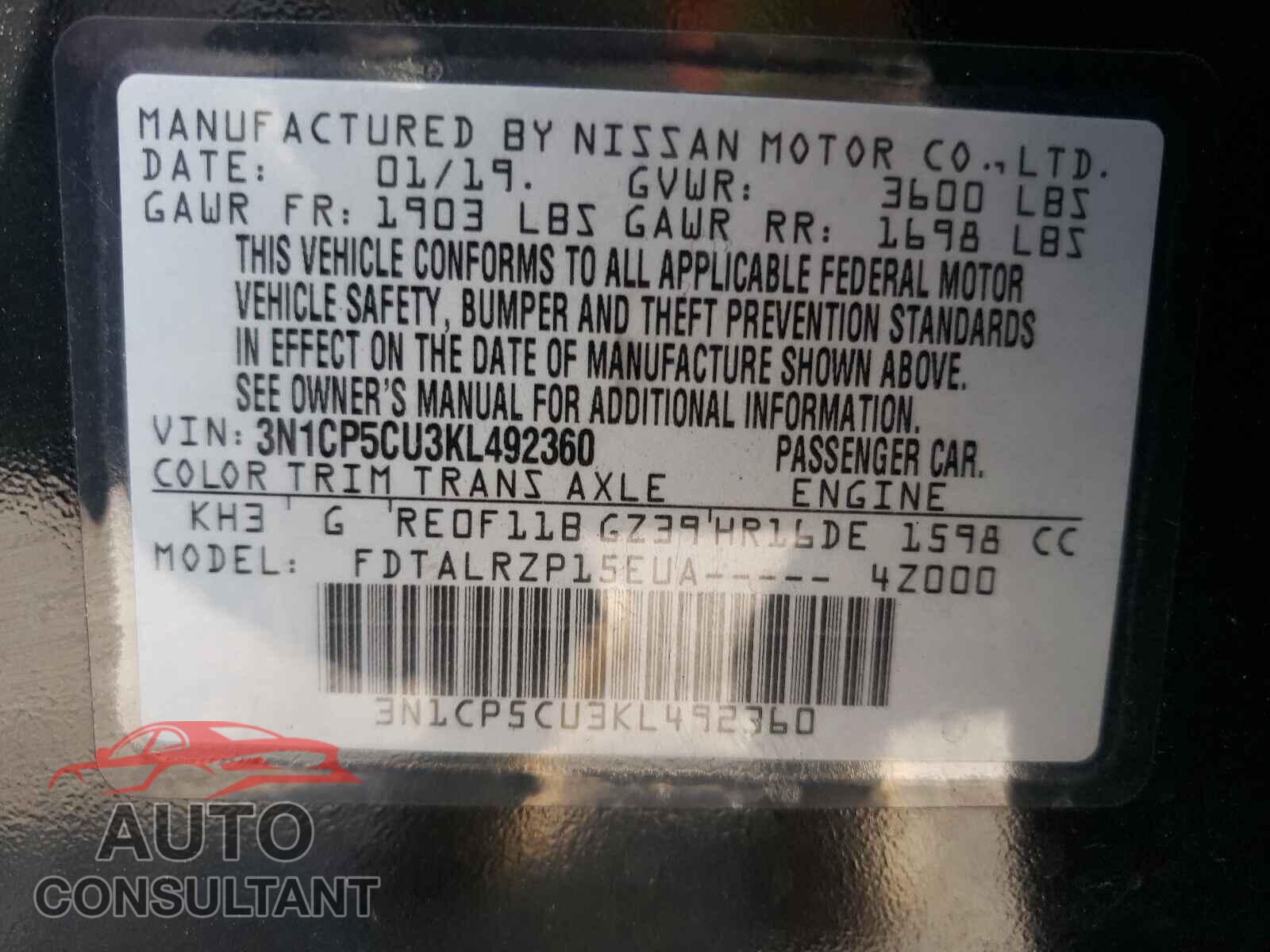 NISSAN KICKS 2019 - 3N1CP5CU3KL492360