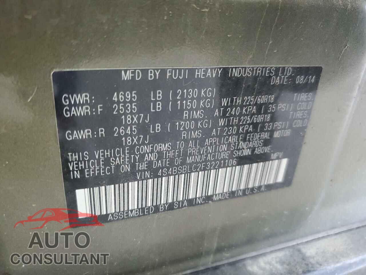 SUBARU OUTBACK 2015 - 4S4BSBLC2F3221106
