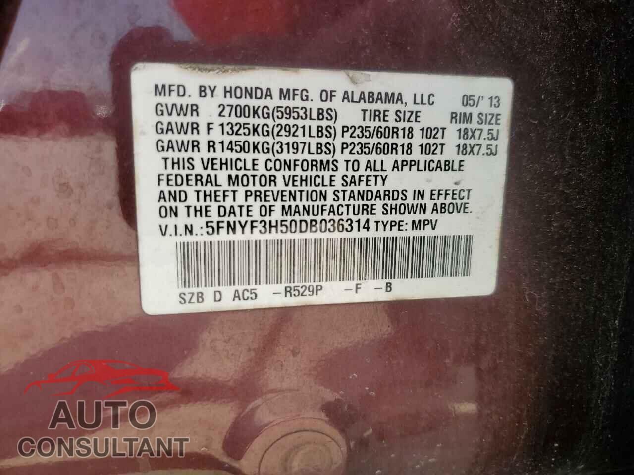 HONDA PILOT 2013 - 5FNYF3H50DB036314