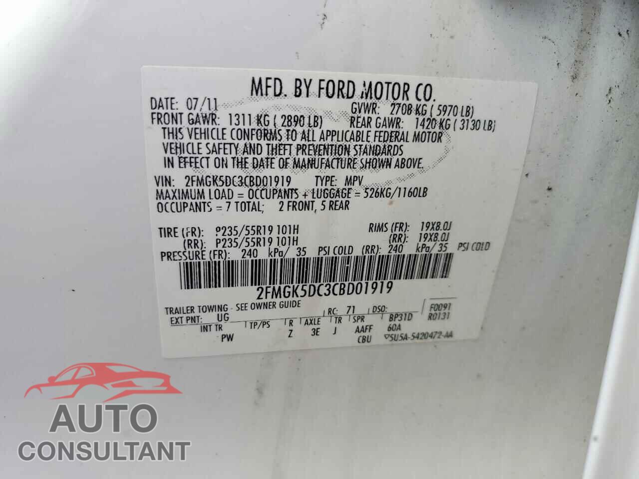 FORD FLEX 2012 - 2FMGK5DC3CBD01919