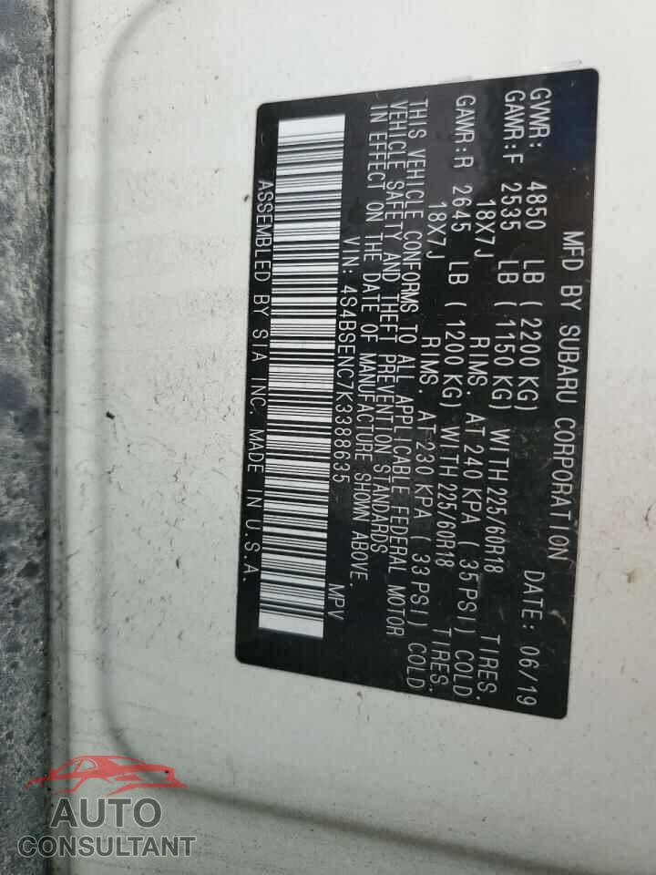 SUBARU OUTBACK 2019 - 4S4BSENC7K3388635