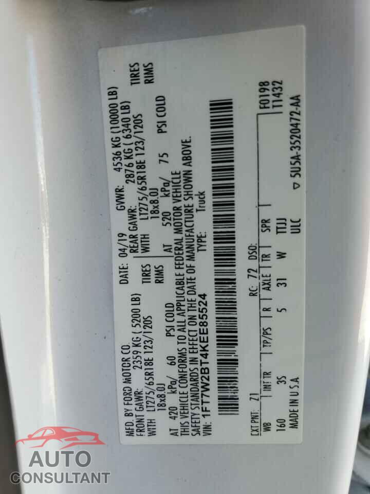 FORD F250 2019 - 1FT7W2BT4KEE85524