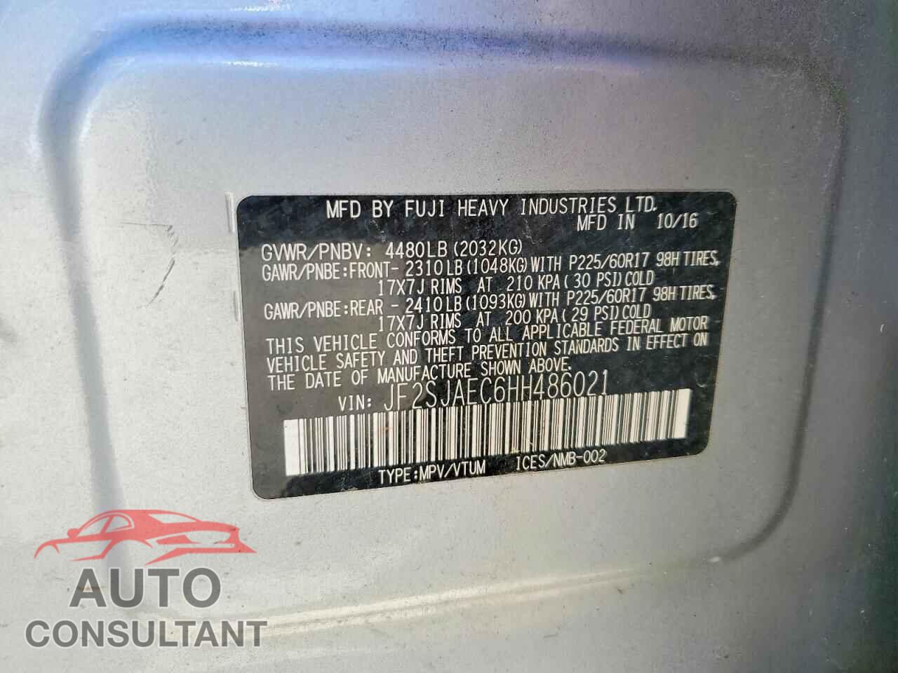 SUBARU FORESTER 2017 - JF2SJAEC6HH486021