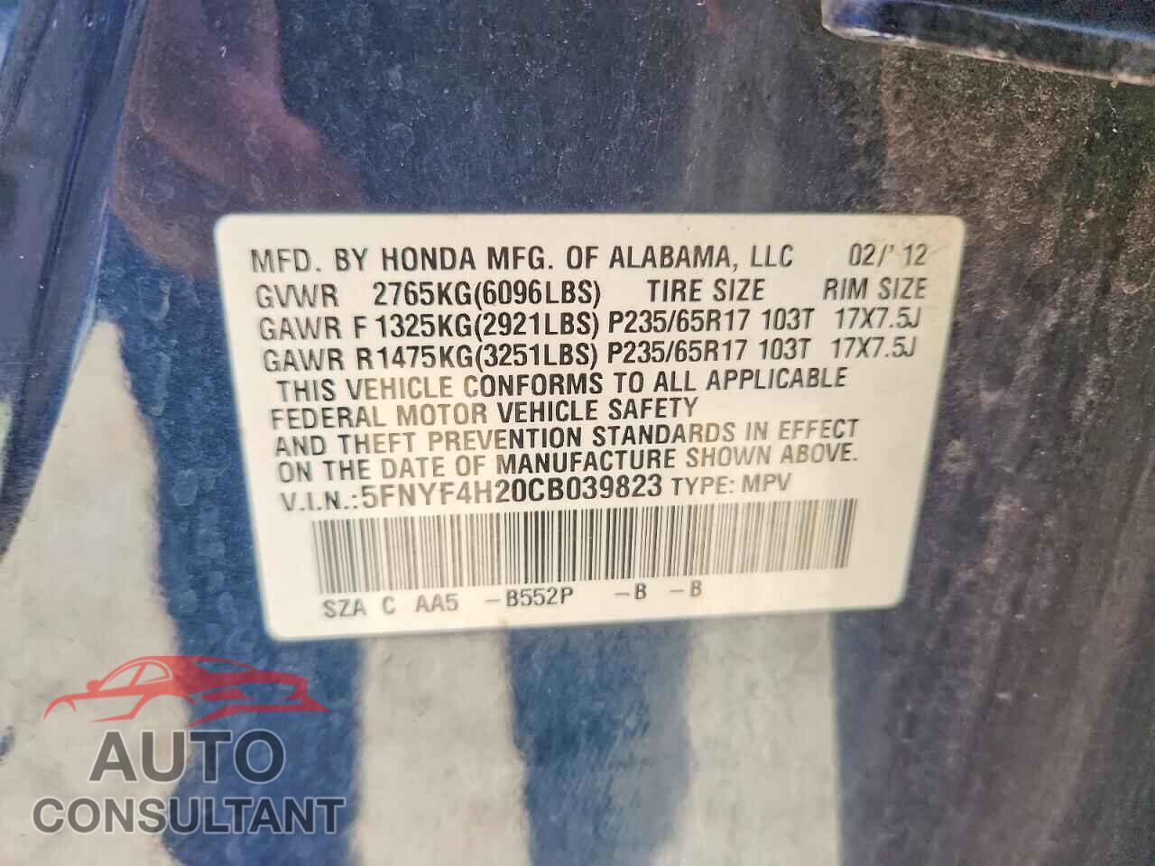 HONDA PILOT 2012 - 5FNYF4H20CB039823