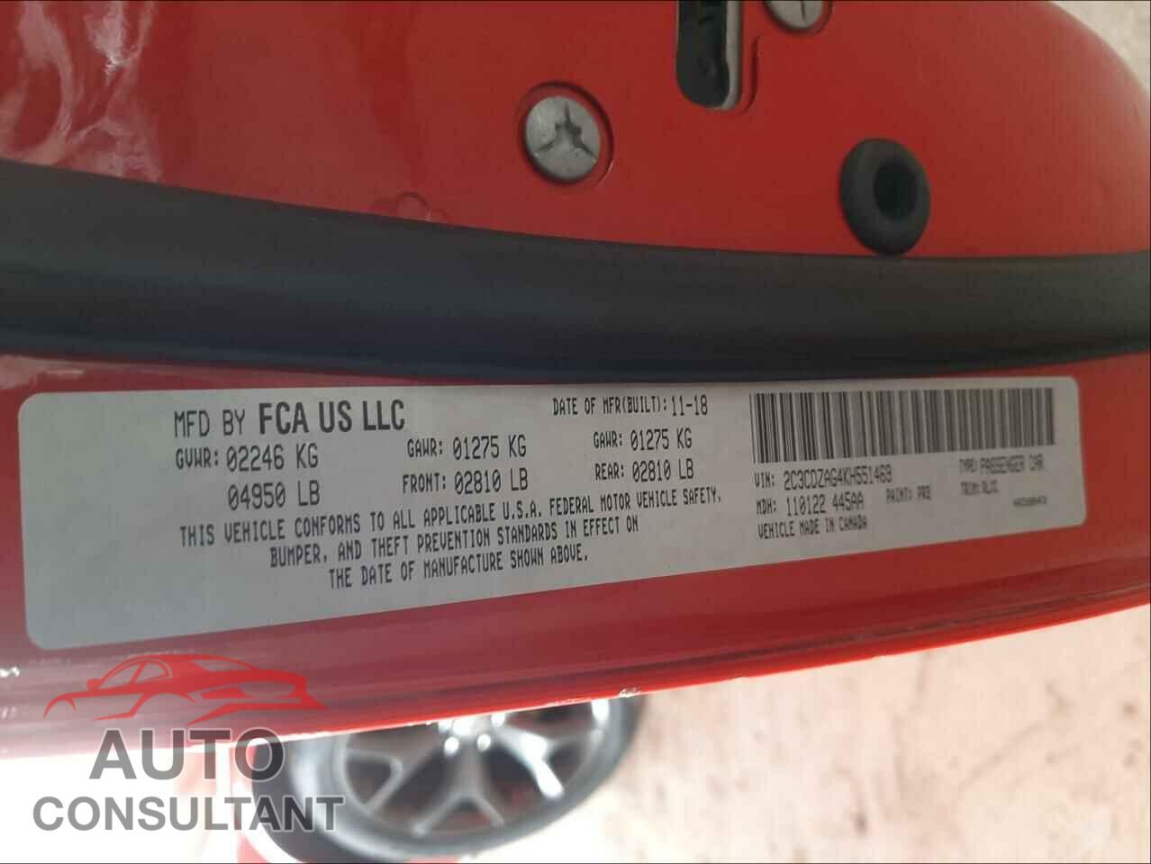 DODGE CHALLENGER 2019 - 2C3CDZAG4KH551469