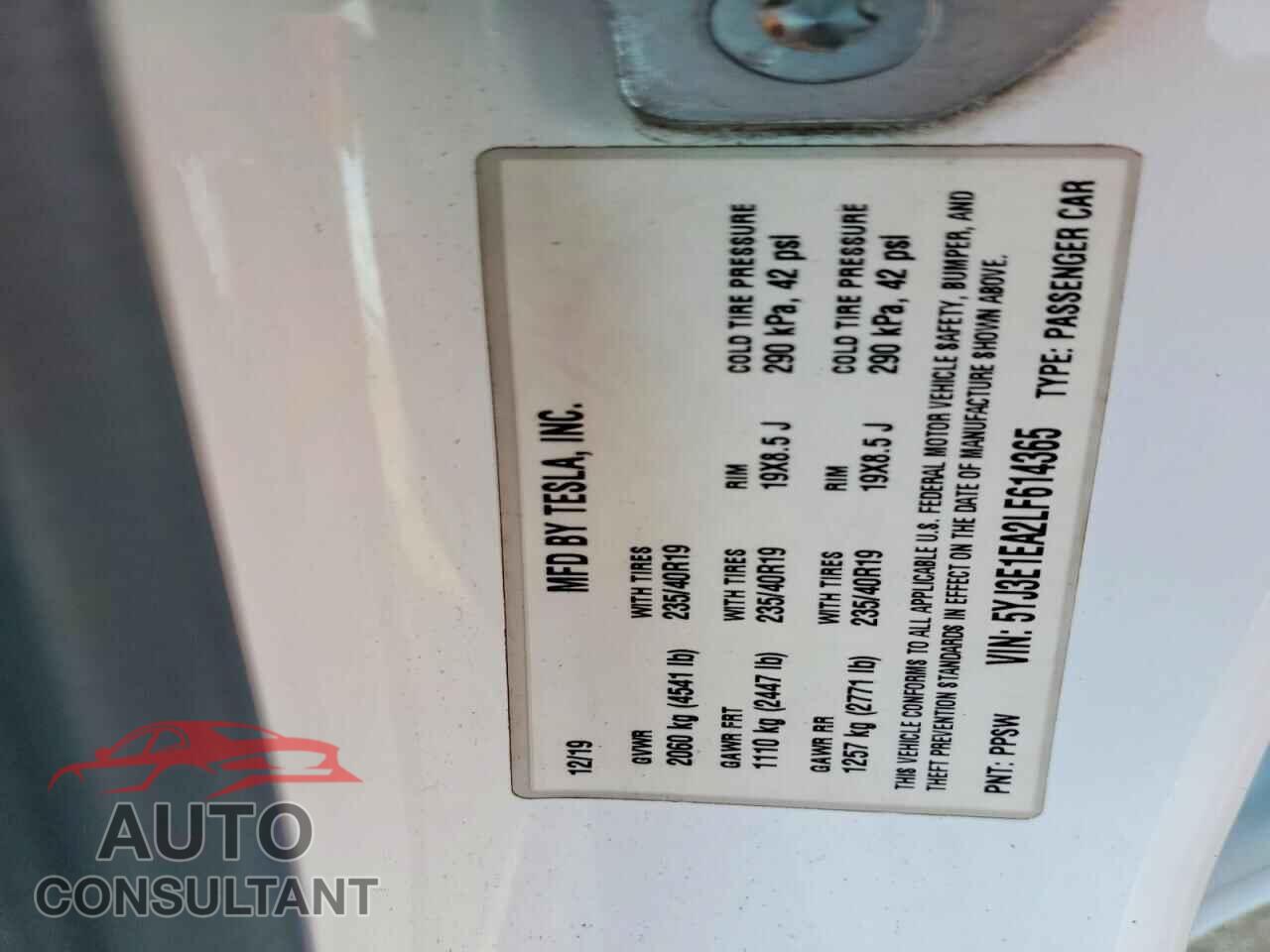 TESLA MODEL 3 2020 - 5YJ3E1EA2LF614365
