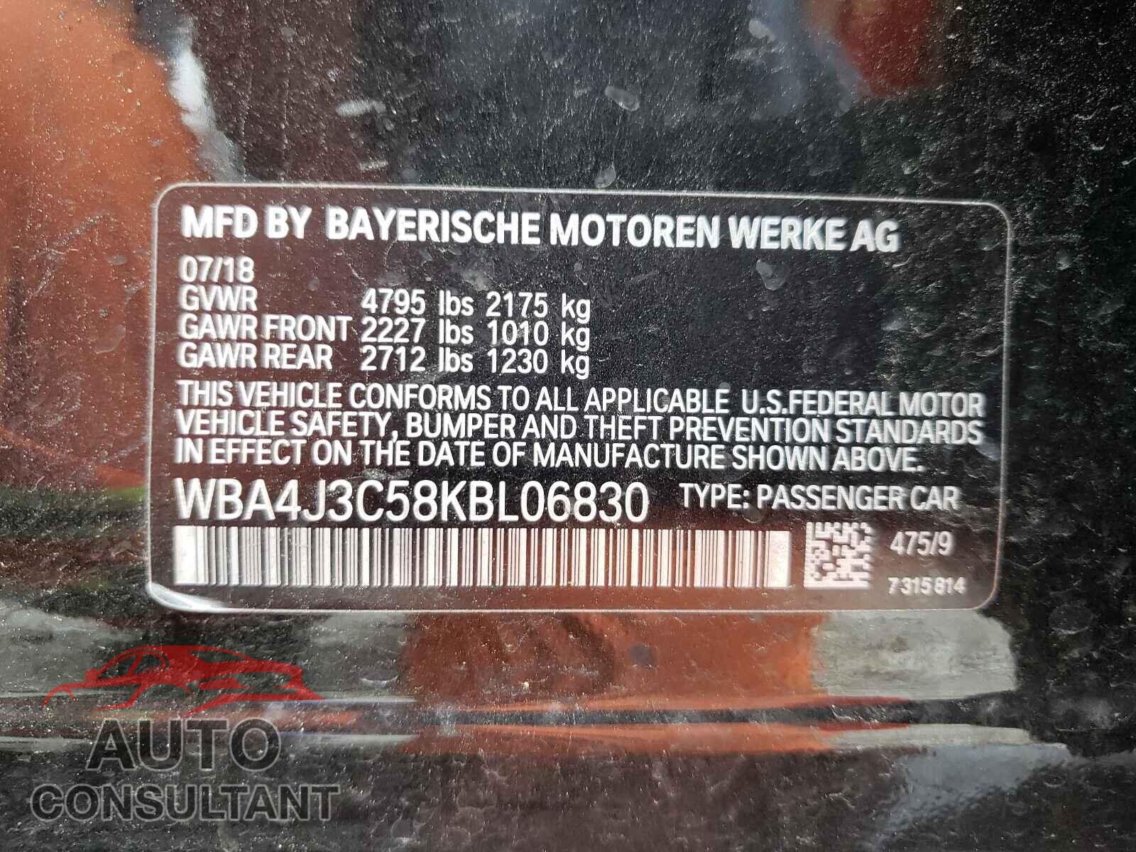 BMW 4 SERIES 2019 - WBA4J3C58KBL06830