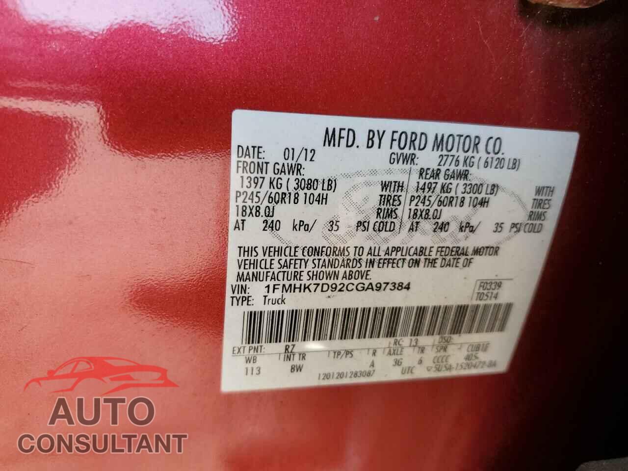FORD EXPLORER 2012 - 1FMHK7D92CGA97384