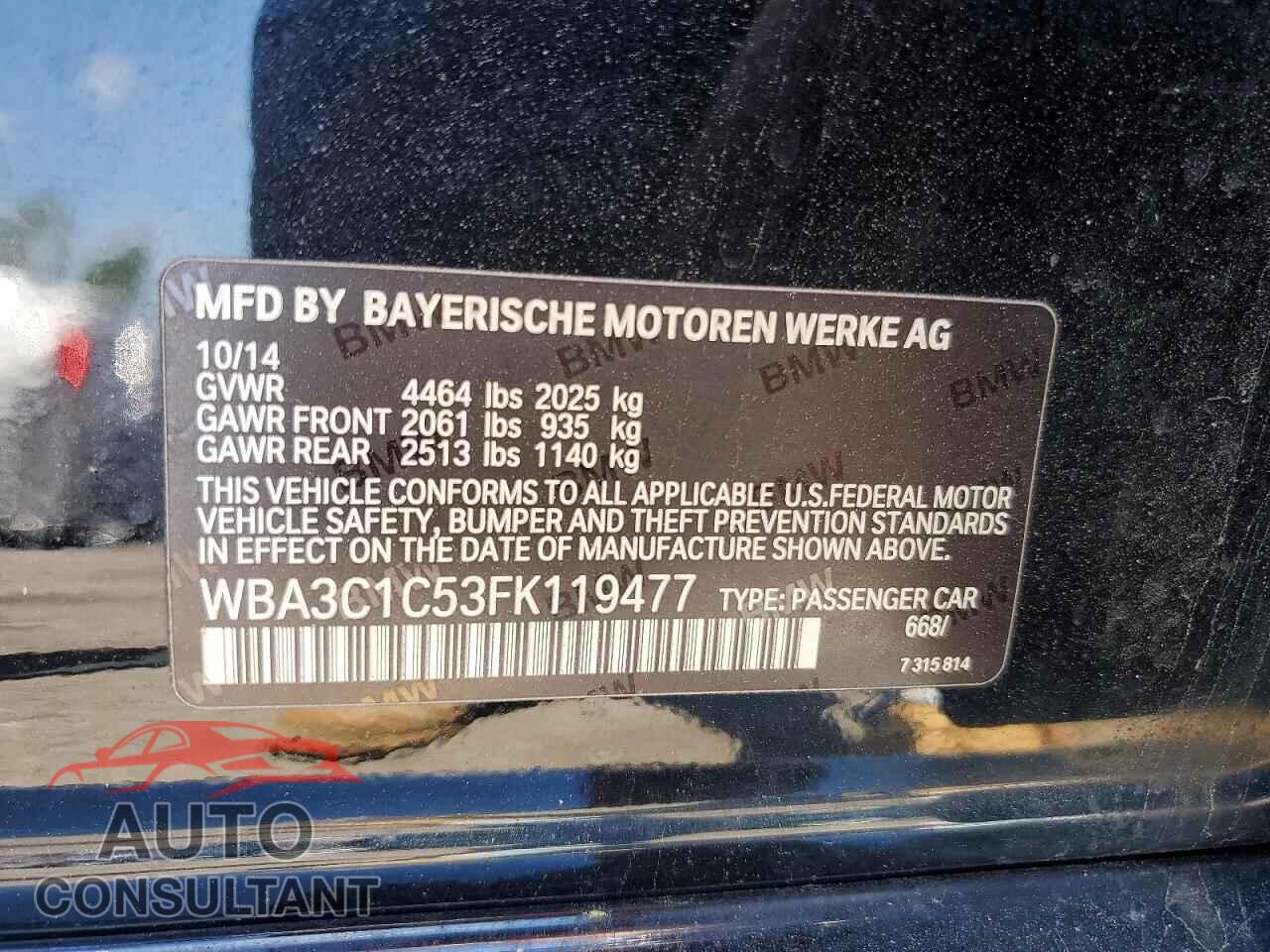 BMW 3 SERIES 2015 - WBA3C1C53FK119477