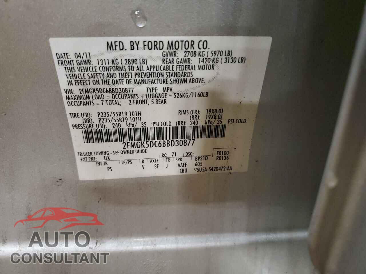 FORD FLEX 2011 - 2FMGK5DC6BBD30877